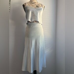 Icy Baby Blue Satin Two Piece Crop Tank Top & Midi Skirt Set